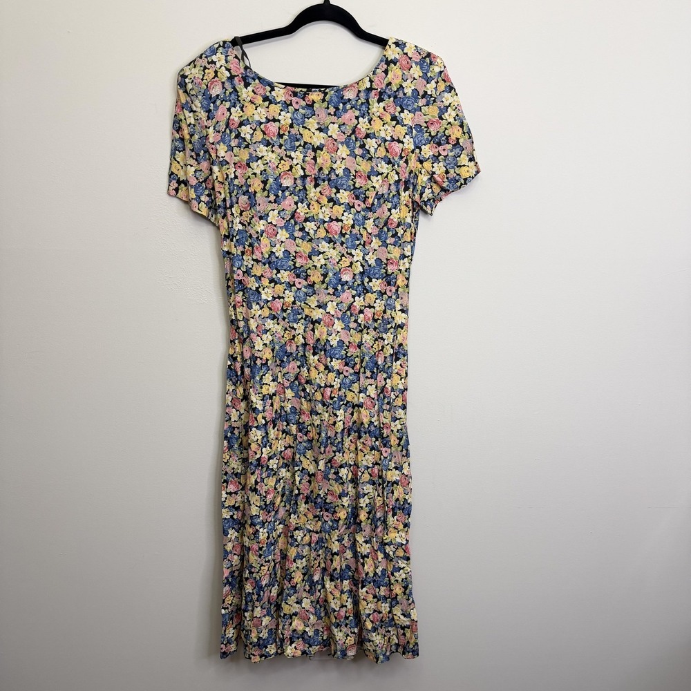 Vintage E.D. Michaels Dress Womens 14 Floral Rayon Lace Up Back Maxi Boho 90s